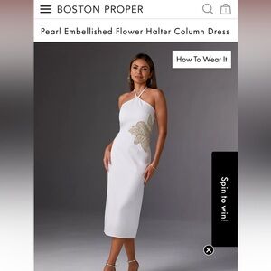 Boston Proper White Halter Dress with Gold Floral Detail